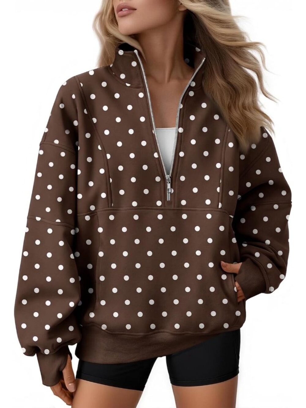 〽️Women's Brown Quarter Zip Oversized Fleece Mock Neck Pullover Hoodie Jacket